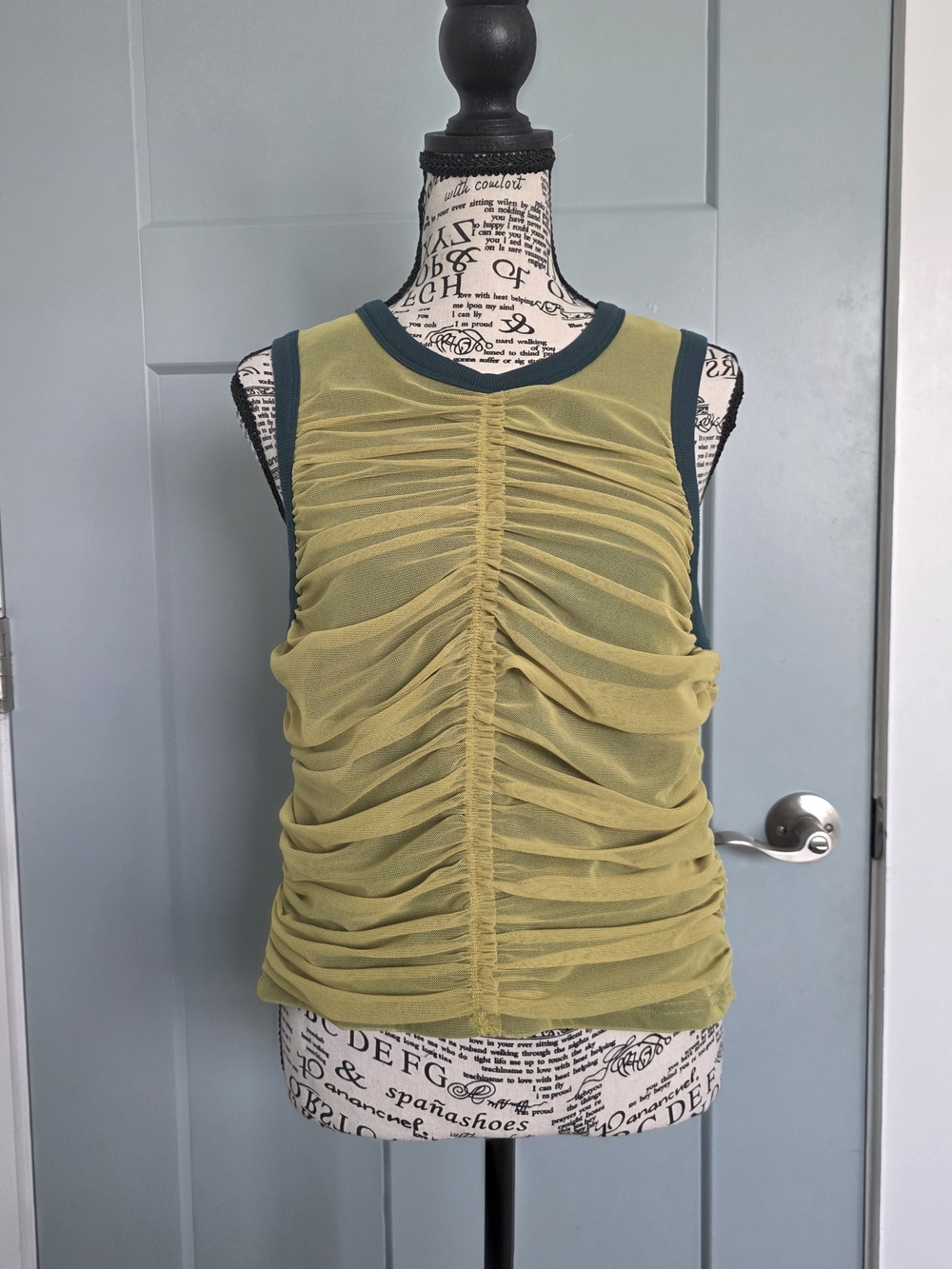 By Anthropologie Chartreuse Ruched Mesh Tank Top L Green Colorblock Y2K Top